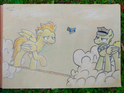 Size: 2300x1725 | Tagged: safe, artist:moemneop, derpibooru import, rainbow dash, spitfire, pegasus, pony, cloud, drunk, floppy ears, male, police officer, stallion, tightrope, tongue out, traditional art