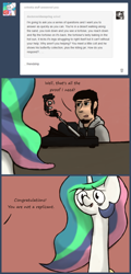 Size: 820x1707 | Tagged: safe, artist:thebathwaterhero, princess celestia, oc, human, ask, blade runner, long neck