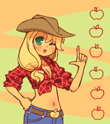 Size: 575x650 | Tagged: safe, artist:hinohimesan, applejack, human, belly button, cleavage, female, front knot midriff, humanized, midriff, orange skin, solo, wink