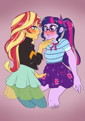 Size: 2480x3507 | Tagged: safe, artist:mysticcoral, sci-twi, sunset shimmer, twilight sparkle, better together, equestria girls, bedroom eyes, blushing, female, glasses, gradient background, high res, imminent kissing, lesbian, lidded eyes, lips, looking at each other, scitwishimmer, shipping, sunsetsparkle