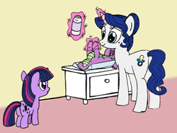 Size: 540x405 | Tagged: safe, artist:queencold, derpibooru import, spike, twilight sparkle, oc, dragon, baby, baby powder, baby spike, cute, diaper change, filly, filly twilight sparkle, origins, spikabetes, twiabetes, younger