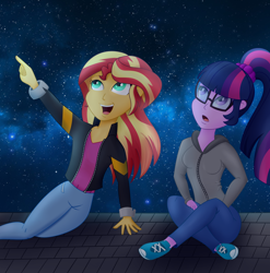 Size: 1812x1832 | Tagged: safe, artist:xethshade, sci-twi, sunset shimmer, twilight sparkle, equestria girls, clothes, female, glasses, night, pants, ponytail, shirt, shoes, smiling, sneakers