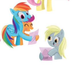 Size: 413x378 | Tagged: safe, artist:leire martin, derpibooru import, derpy hooves, rainbow dash, scootaloo, pegasus, pony, an egg-cellent costume party, little golden book, scootalove