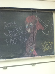 Size: 720x960 | Tagged: safe, pinkie pie, axe, chalk drawing, chalkboard, classroom, irl, rebeltaxi, solo, traditional art, weapon