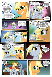 Size: 1024x1497 | Tagged: safe, artist:kazziepones, artist:zaron, applejack, derpy hooves, oc, oc:lonely hooves, earth pony, pegasus, pony, comic:lonely hooves, comic, female, glasses, mare