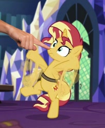 Size: 450x551 | Tagged: safe, edit, edited screencap, screencap, sunset shimmer, unicorn, equestria girls, mirror magic, spoiler:eqg specials, bipedal, boop, boop edit, female, hand, mare, solo