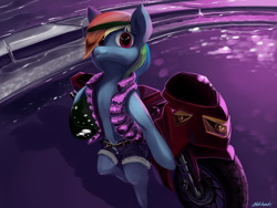 Size: 1024x768 | Tagged: safe, artist:chickhawk96, derpibooru import, rainbow dash, pegasus, pony, semi-anthro, biker, hotline miami, motorcycle, solo