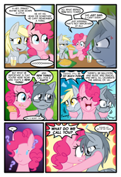 Size: 1024x1497 | Tagged: safe, artist:kazziepones, artist:zaron, derpy hooves, pinkie pie, oc, oc:lonely hooves, earth pony, pegasus, pony, comic:lonely hooves, comic, female, glasses, mare