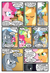 Size: 1024x1497 | Tagged: safe, artist:kazziepones, artist:zaron, applejack, derpy hooves, pinkie pie, oc, oc:lonely hooves, earth pony, pegasus, pony, comic:lonely hooves, comic, female, glasses, mare