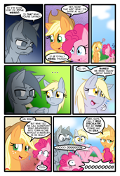 Size: 1024x1497 | Tagged: safe, artist:kazziepones, artist:zaron, derpy hooves, pinkie pie, oc, oc:lonely hooves, earth pony, pegasus, pony, comic:lonely hooves, comic, female, glasses, mare