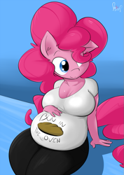 Size: 637x900 | Tagged: safe, artist:sanders, pinkie pie, anthro, earth pony, belly, big belly, breasts, clothes, female, fetish fridays, hair over one eye, pinkie pies, preggy pie, pregnant, sitting, smiling, solo