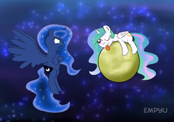 Size: 1000x705 | Tagged: safe, artist:empyu, princess celestia, princess luna, alicorn, pony, moon, space, tangible heavenly object