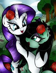 Size: 1024x1327 | Tagged: safe, artist:ponygoddess, rarity, oc, oc:sappho, pony, unicorn, canon x oc, female, flower, flower in hair, hug, lesbian, piercing, rose, shipping