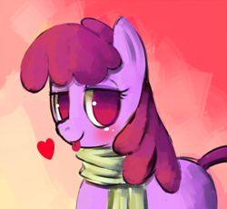 Size: 566x521 | Tagged: safe, artist:mewball, berry punch, berryshine, earth pony, pony, blushing, clothes, female, heart, looking at you, mare, no pupils, raspberry, scarf, solo, tongue out