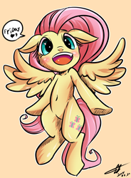 Size: 2800x3800 | Tagged: safe, artist:kyodashiro, fluttershy, pegasus, pony, belly button, friday, happy, simple background, solo, speech bubble