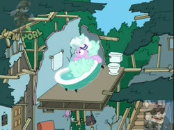 Size: 1067x800 | Tagged: safe, edit, edited screencap, editor:clumsycoon, screencap, starlight glimmer, pony, unicorn, father knows beast, bad edit, bath, bathroom, bathtub, bathtub gag, bubble, cleveland brown, destroyed building, falling, family guy, hat, low quality, no no no no no no no, obtrusive watermark, random, reference, shower cap, sliding, soap, soap bubble, solo, toilet, towel, watermark, wet mane