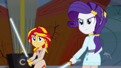 Size: 600x338 | Tagged: safe, artist:amante56, rarity, sci-twi, sunset shimmer, twilight sparkle, equestria girls, animated, cutie mark clothes, dark jedi, dark side, darth midnight, dual wield, duel of the fates, element of generosity, fight, jedi, lightsaber, sith, star wars, twilight is anakin, weapon, wip, youtube link