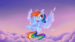 Size: 1920x1080 | Tagged: safe, artist:snowsky-s, derpibooru import, rainbow dash, pegasus, pony, cloud, feather, female, flying, grin, mare, sky, solo, spread wings, stars, wings