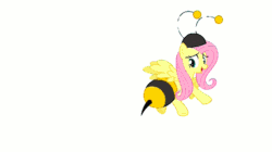 Size: 495x278 | Tagged: safe, fluttershy, bee, pegasus, pony, animal costume, animated, bee costume, beekini, butt shake, clothes, costume, flutterbee, flying, looking back, plot, simple background, smiling, solo, spread wings, talking, white background