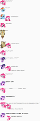 Size: 551x1658 | Tagged: safe, artist:dziadek1990, owlowiscious, pinkie pie, rainbow dash, starlight glimmer, twilight sparkle, bird, chicken, earth pony, pegasus, pony, angry, conversation, dialogue, emote story, emotes, grumpy, joke, quiet, reddit, rhyme, sleepy, slice of life, text, wordplay