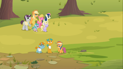 Size: 1366x768 | Tagged: safe, screencap, applejack, aura (character), bon bon, cherry berry, dinky hooves, scootaloo, snails, snips, sweetie drops, written script, earth pony, pony, the mysterious mare do well, rainbow wig