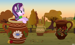 Size: 5000x3000 | Tagged: safe, artist:a4r91n, starlight glimmer, pony, apple, autumn, ceramic, clothes, cup, cup of pony, field, food, leaves, looking away, pear, scarf, sunrise, tree, vector