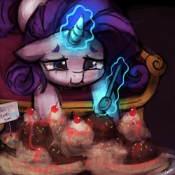 Size: 750x750 | Tagged: safe, artist:lumineko, rarity, pony, unicorn, 30 minute art challenge, :i, comfort eating, crying, female, ice cream, implied pinkie pie, levitation, magic, mare, running makeup, sad, solo, spoon, sundae, telekinesis