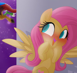 Size: 540x511 | Tagged: safe, artist:falleninthedark, artist:stepandy, discord, fluttershy, pegasus, pony, blushing, cropped, cuckolding in the description, open mouth, smiling, spread wings, squee