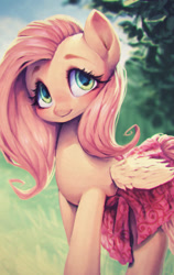 Size: 600x950 | Tagged: safe, artist:frali, fluttershy, pegasus, pony, clothes, daily deviation, looking up, skirt, smiling, solo, wrong eye color