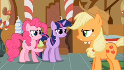 Size: 1366x768 | Tagged: safe, screencap, applejack, pinkie pie, twilight sparkle, earth pony, pony, the mysterious mare do well, cupcake