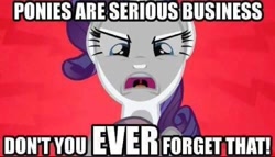 Size: 638x364 | Tagged: source needed, safe, rarity, sweetie belle, pony, unicorn, angry, caption, captions, image macro, meme, serious business