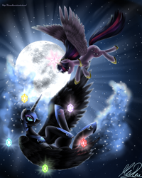 Size: 4000x5000 | Tagged: safe, artist:kitsunehino, derpibooru import, nightmare moon, twilight sparkle, twilight sparkle (alicorn), alicorn, pony, elements of harmony, female, flying, mare, moon, night, night sky, signature, sky, stars