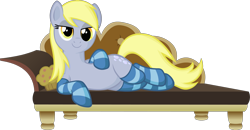 Size: 3000x1565 | Tagged: safe, artist:doctor-g, derpy hooves, pegasus, pony, clothes, draw me like one of your french girls, female, food, looking at you, mare, muffin, on side, simple background, socks, sofa, solo, striped socks, transparent background