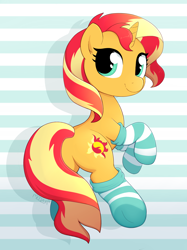 Size: 3460x4636 | Tagged: safe, artist:moozua, derpibooru exclusive, sunset shimmer, pony, unicorn, clothes, cute, female, looking at you, looking back, looking back at you, mare, plot, shimmerbetes, smiling, socks, solo, striped socks