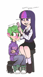 Size: 480x853 | Tagged: safe, artist:hello, derpibooru import, spike, twilight sparkle, human, blushing, brushing, clothes, converse, grooming, humanized, korean, mama twilight, mothers gonna mother, shoes, spikelove, sweater, translated in the comments