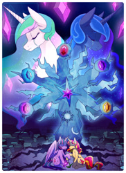 Size: 875x1200 | Tagged: safe, artist:pastel-pony-pictures, princess celestia, princess luna, sunset shimmer, twilight sparkle, twilight sparkle (alicorn), alicorn, pony, unicorn, crying, eyes closed, fanfic, fanfic art, female, holding hooves, lesbian, mare, shipping, sunsetsparkle, time lapse, tree of harmony