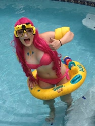 Size: 960x1280 | Tagged: safe, artist:radicalkevin123, artist:subzerocosplay, pinkie pie, human, belly button, bikini, clothes, cosplay, goggles, inner tube, irl, irl human, photo, solo, swimming goggles, swimming pool, swimsuit, thumbs up, water