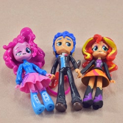 Size: 800x800 | Tagged: safe, flash sentry, pinkie pie, sunset shimmer, equestria girls, black underwear, bootleg, boots, clothes, doll, dress, equestria girls minis, jacket, panties, shoes, skirt, toy, tuxedo, underwear, upskirt