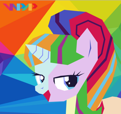 Size: 2048x1916 | Tagged: safe, artist:razoredge2312, starlight glimmer, pony, bedroom eyes, female, indonesia, looking at you, multicolored hair, multicolored mane, rainbow background, recolor, solo