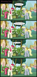 Size: 1448x3028 | Tagged: safe, artist:toxic-mario, derpy hooves, roseluck, pegasus, pony, artifact, comic, fake cutie mark, female, flower, mare