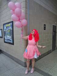 Size: 768x1024 | Tagged: safe, artist:askaluna, pinkie pie, human, 2013, balloon, convention, cosplay, irl, irl human, london mcm expo, photo, solo