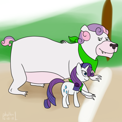 Size: 1000x1000 | Tagged: safe, artist:phallen1, rarity, sweetie belle, bear, sisterhooves social, 30 minute art challenge, bandana, bearified, species swap, sweetie bear