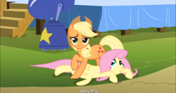 Size: 1152x609 | Tagged: safe, screencap, applejack, fluttershy, earth pony, pegasus, pony, pinkie pride, meme, youtube caption