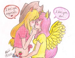 Size: 1197x930 | Tagged: safe, artist:missshell666, applejack, fluttershy, human, appleshy, blushing, eared humanization, female, humanized, intimate, lesbian, light skin, shipping, speech bubble, wingboner, winged humanization