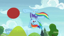 Size: 1280x720 | Tagged: safe, derpibooru import, screencap, rainbow dash, pegasus, pony, the end in friend, spoiler:s08, >:), bicycle kick, buckball, clothes, smiling, smirk, solo, uniform, upside down