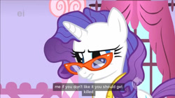 Size: 1277x714 | Tagged: safe, screencap, rarity, pony, unicorn, suited for success, ei, glasses, hub logo, measuring tape, meme, youtube caption