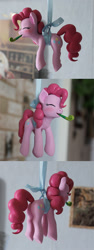 Size: 700x1852 | Tagged: safe, artist:alisterosenheim, pinkie pie, pony, craft, eyes closed, irl, party horn, sculpture, solo, suspended