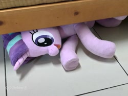 Size: 2048x1536 | Tagged: safe, artist:nekokevin, starlight glimmer, pony, unicorn, series:nekokevin's glimmy, female, hiding, irl, lying down, mare, open mouth, photo, plushie, smiling, solo, underhoof