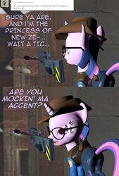 Size: 735x1087 | Tagged: safe, artist:php74, derpibooru import, twilight sparkle, pony, unicorn, 3d, ask, female, glasses, glowing horn, gmod, gun, hooves, horn, levitation, magic, mare, open mouth, optical sight, plot, rifle, sniper rifle, team fortress 2, telekinesis, text, tumblr, twilight sniper, weapon