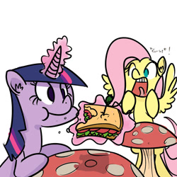 Size: 1280x1280 | Tagged: safe, artist:whydomenhavenipples, derpibooru import, fluttershy, twilight sparkle, pegasus, pony, eating, female, gasp, magic, omnivore twilight, ponies eating meat, sandwich, scared, table, tomato, voyeur